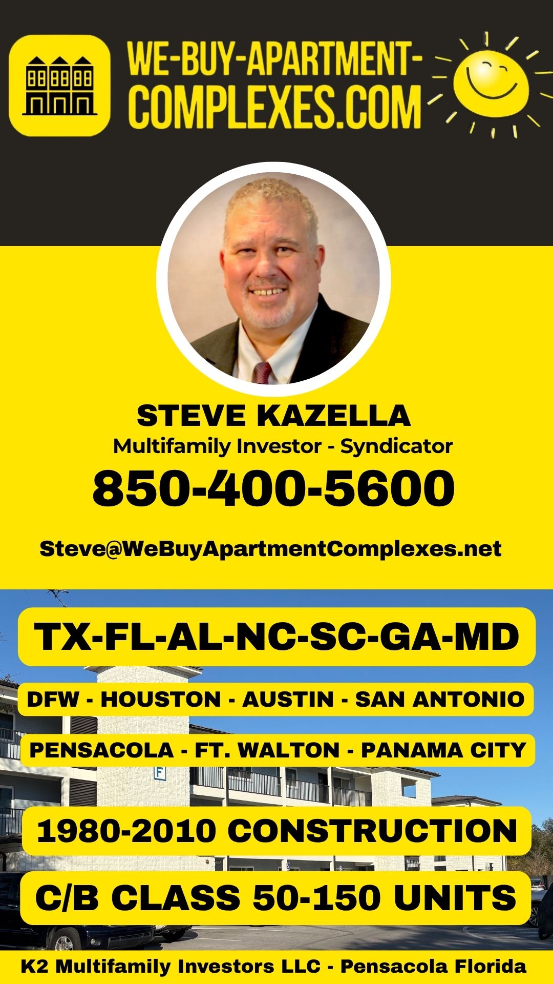 We Buy Apartment Complexes Vertical Banner 850-400-5600